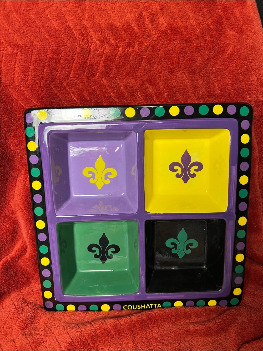 Fleur-de-Lis Four-Compartment Serving Tray - Purple, Yellow, Green, Black 11x11